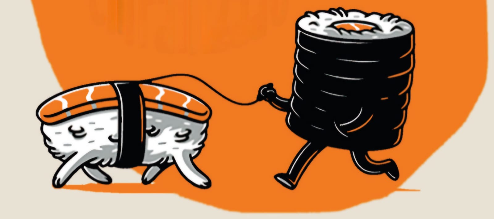 Un nigiri de salmón sale a pasear con su rollo de alga